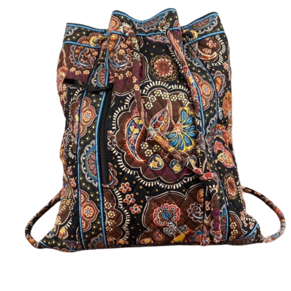 Vera Bradley Kensington Drawstring Backpack Backsack Quilted Purse Paisley Brown